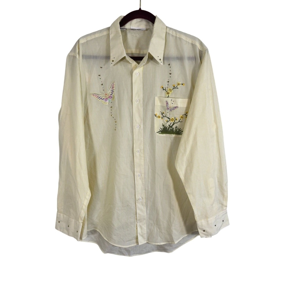 Retro Striped Floral Shirt L Yellow Embroidery Grandma Colorful Metallic 80s Art